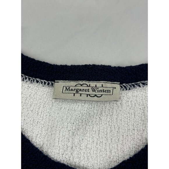 Margaret Winters Cardigan Sweater Women's Sm Navy White Button Pockets Lagenlook - Picture 2 of 8